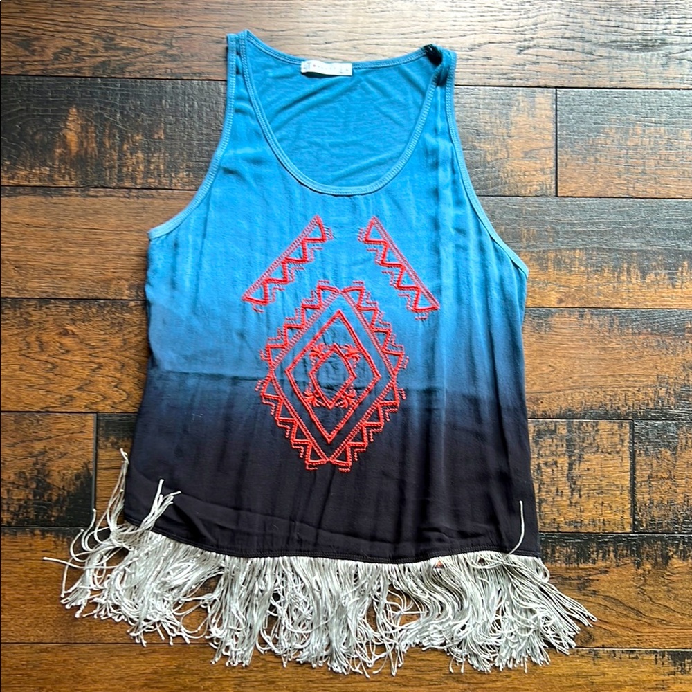 💙T-Party Fashion Blue ombré Graphic Tank with fringe bottom